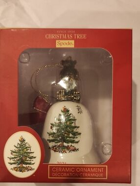 Spode 2021 White Christmas Tree Bell Ornament with Red Ribbon